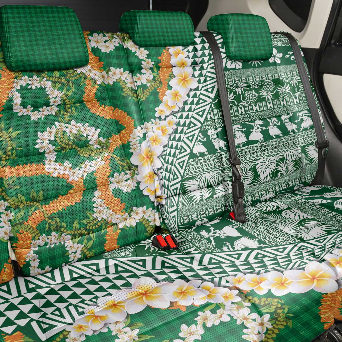 Hawaiian Plumeria Lei Back Car Seat Cover Kakau Motifs and Palaka Half Style Green Color - Polynesian Pride