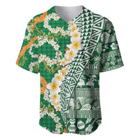 Hawaiian Plumeria Lei Baseball Jersey Kakau Motifs and Palaka Half Style Green Color - Polynesian Pride