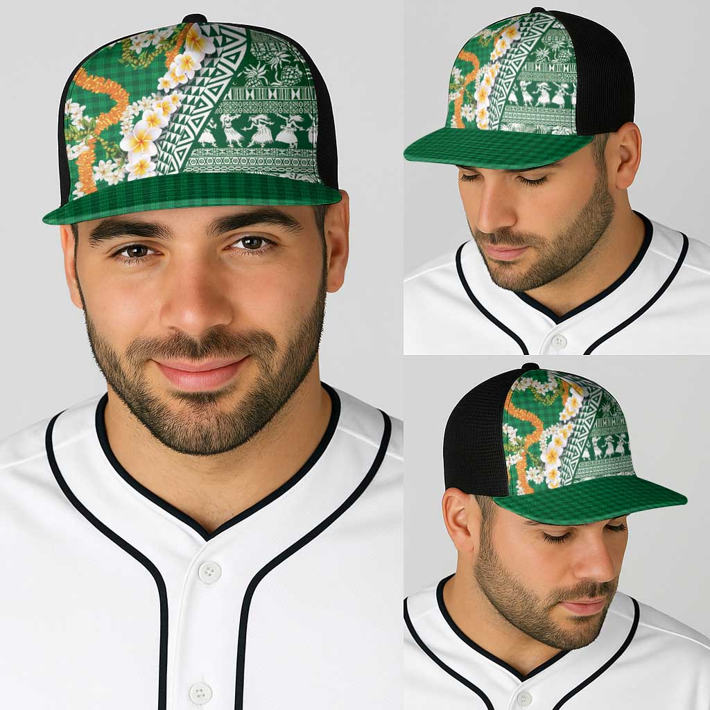 Hawaiian Plumeria Lei Baseball Net Cap Kakau Motifs and Palaka Half Style Green Color - Polynesian Pride
