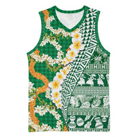 Hawaiian Plumeria Lei Basketball Jersey Kakau Motifs and Palaka Half Style Green Color - Polynesian Pride