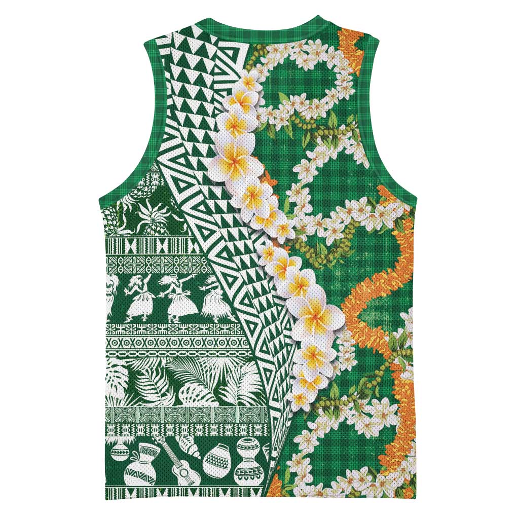 Hawaiian Plumeria Lei Basketball Jersey Kakau Motifs and Palaka Half Style Green Color - Polynesian Pride