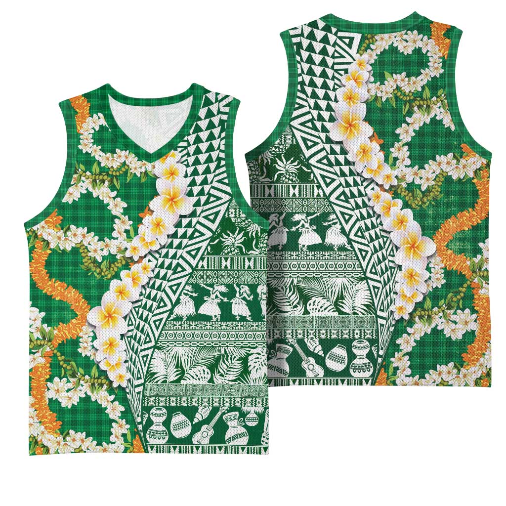 Hawaiian Plumeria Lei Basketball Jersey Kakau Motifs and Palaka Half Style Green Color - Polynesian Pride