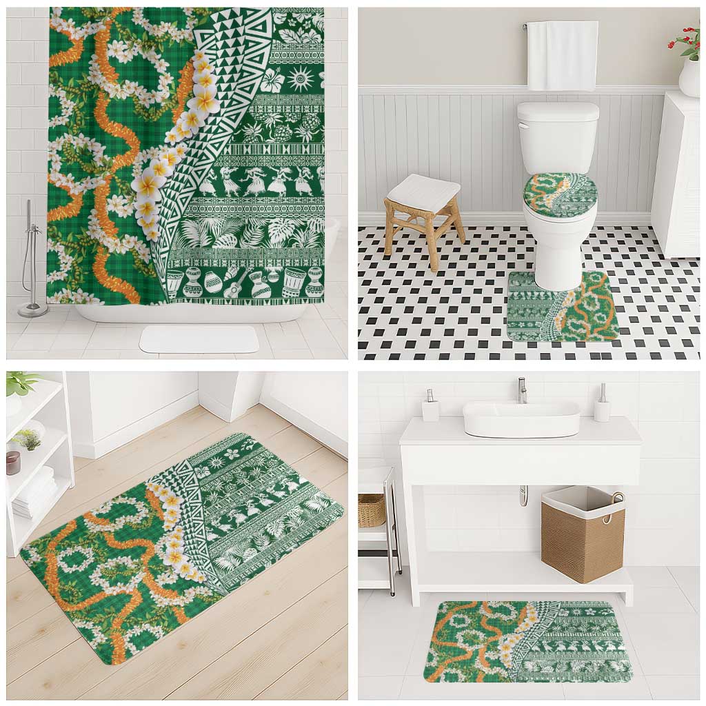Hawaiian Plumeria Lei Bathroom Set Kakau Motifs and Palaka Half Style Green Color - Polynesian Pride
