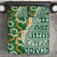 Hawaiian Plumeria Lei Bedding Set Kakau Motifs and Palaka Half Style Green Color - Polynesian Pride