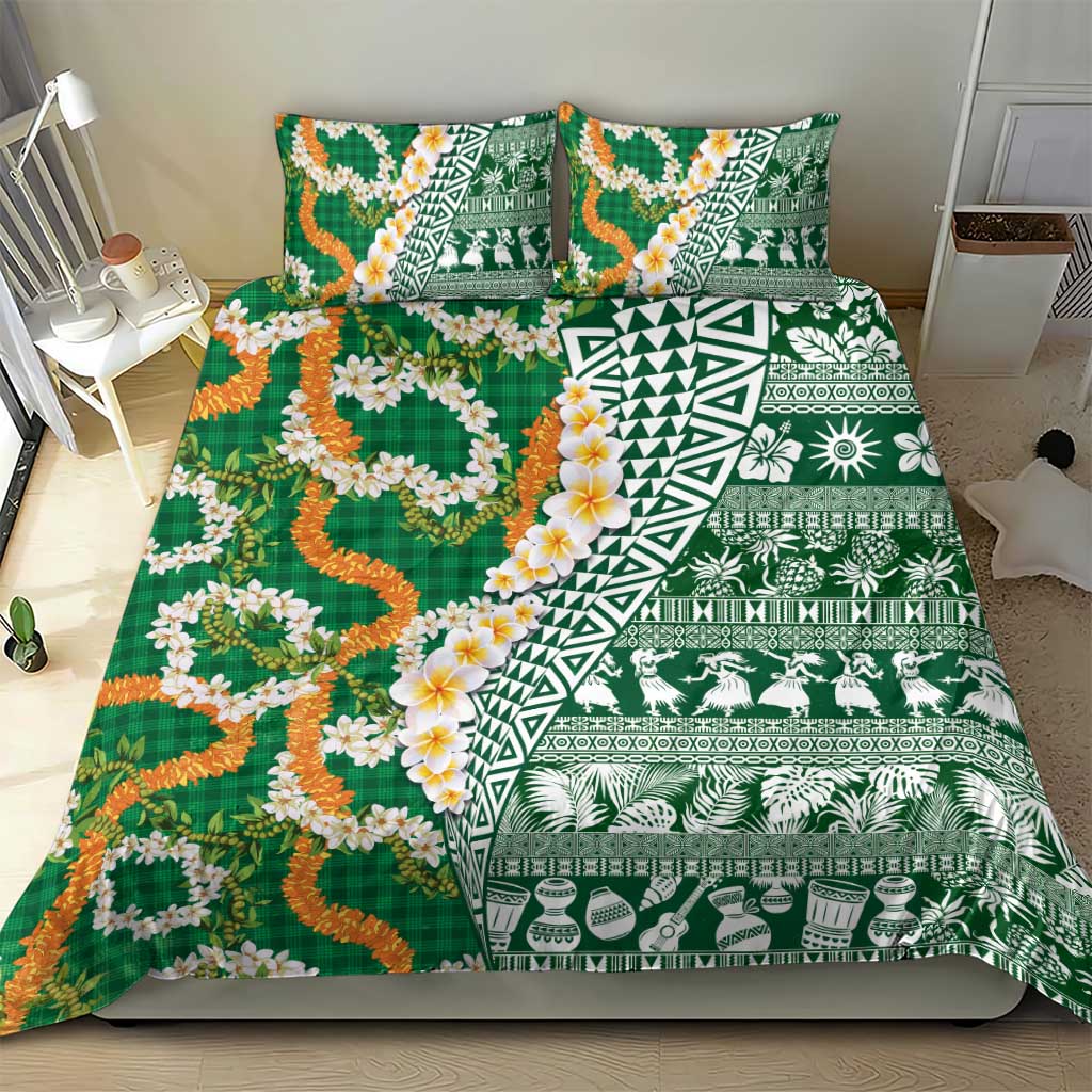 Hawaiian Plumeria Lei Bedding Set Kakau Motifs and Palaka Half Style Green Color - Polynesian Pride