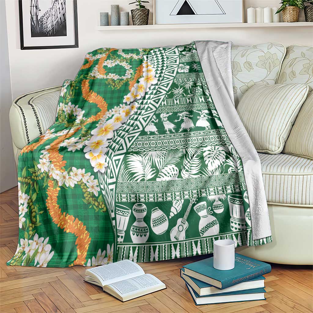 Hawaiian Plumeria Lei Blanket Kakau Motifs and Palaka Half Style Green Color LT03 Green - Polynesian Pride