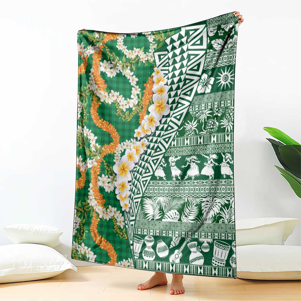 Hawaiian Plumeria Lei Blanket Kakau Motifs and Palaka Half Style Green Color - Polynesian Pride
