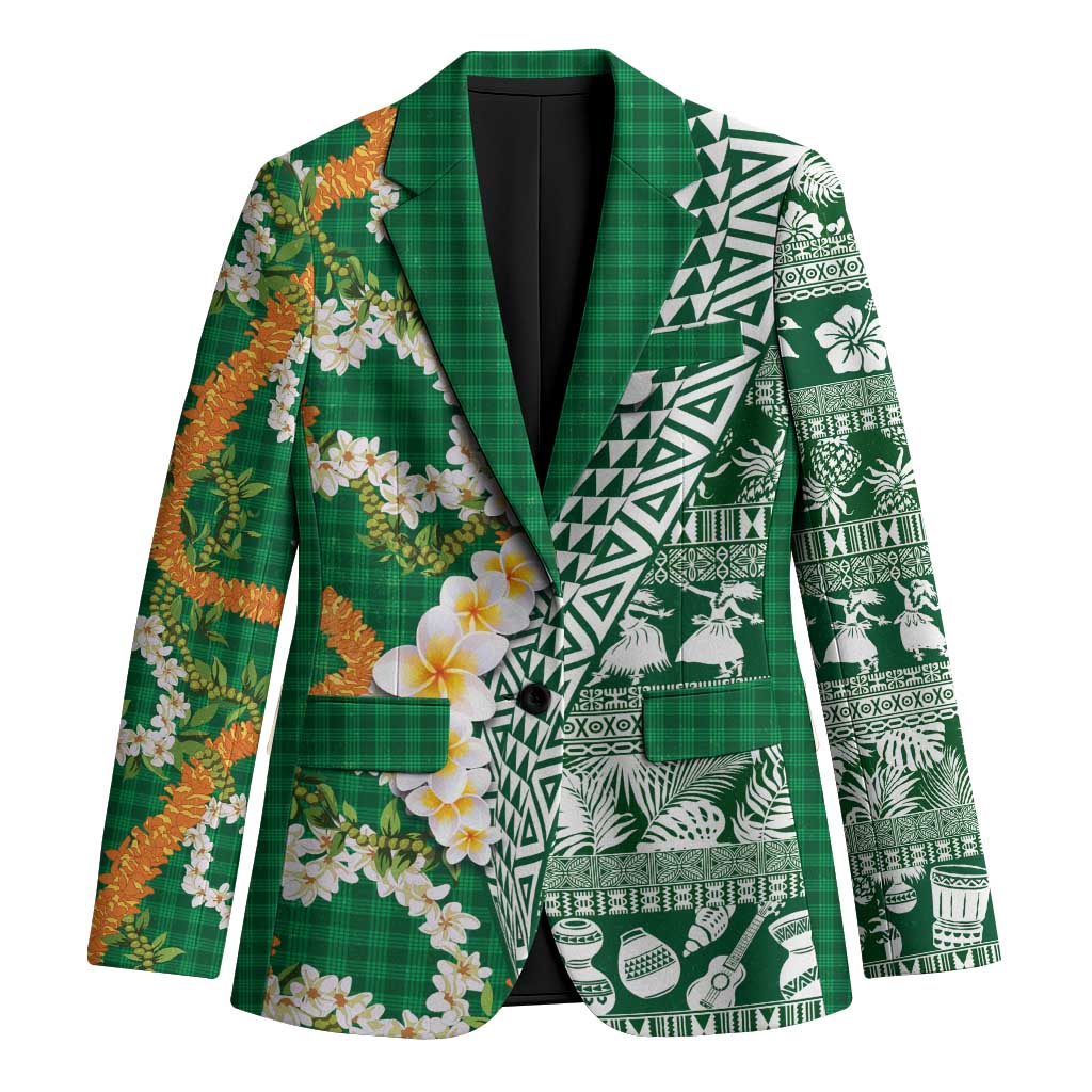 Hawaiian Plumeria Lei Blazer Kakau Motifs and Palaka Half Style Green Color LT03 Unisex Green - Polynesian Pride