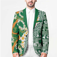 Hawaiian Plumeria Lei Blazer Kakau Motifs and Palaka Half Style Green Color - Polynesian Pride