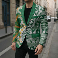 Hawaiian Plumeria Lei Blazer Kakau Motifs and Palaka Half Style Green Color - Polynesian Pride