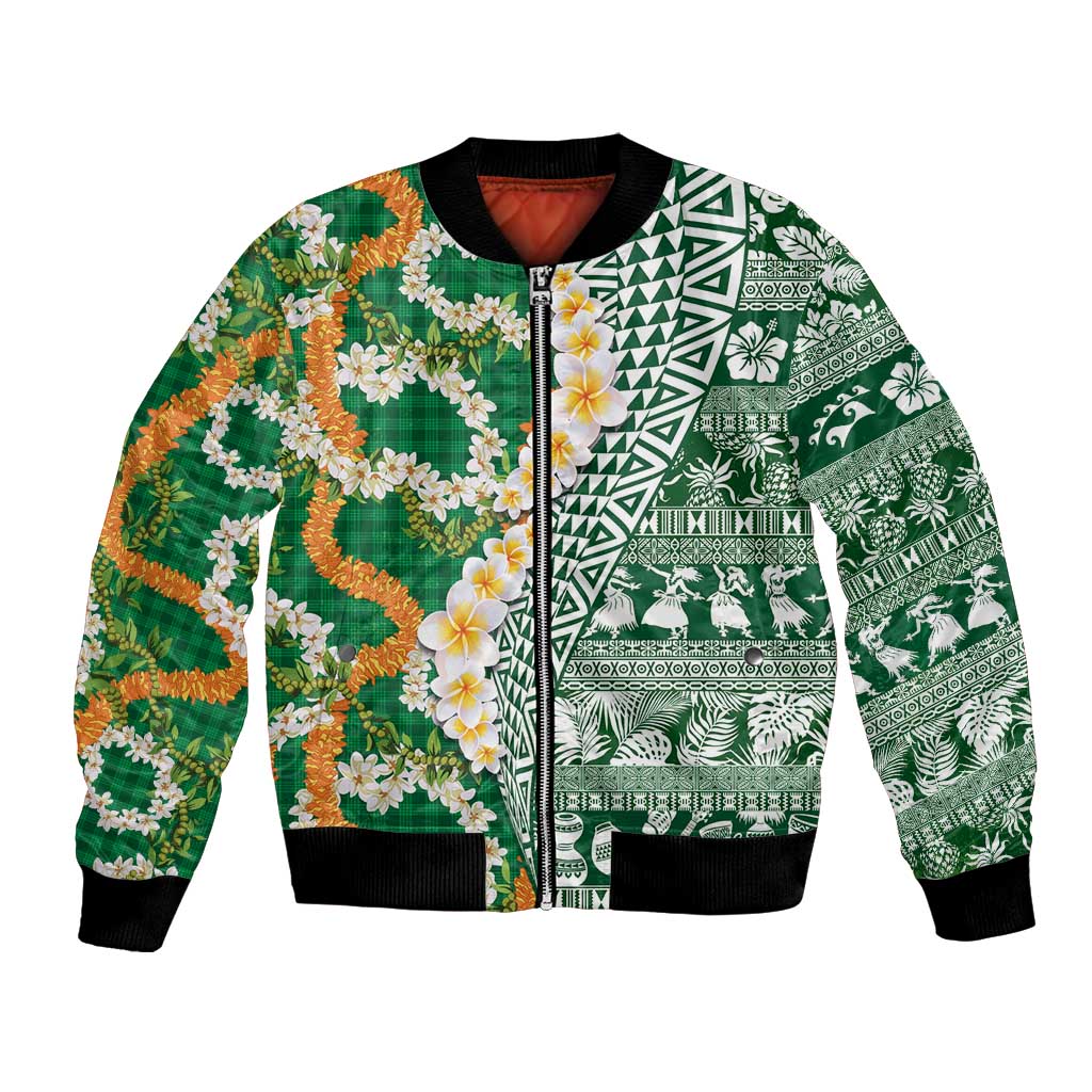 Hawaiian Plumeria Lei Bomber Jacket Kakau Motifs and Palaka Half Style Green Color LT03 Unisex Green - Polynesian Pride