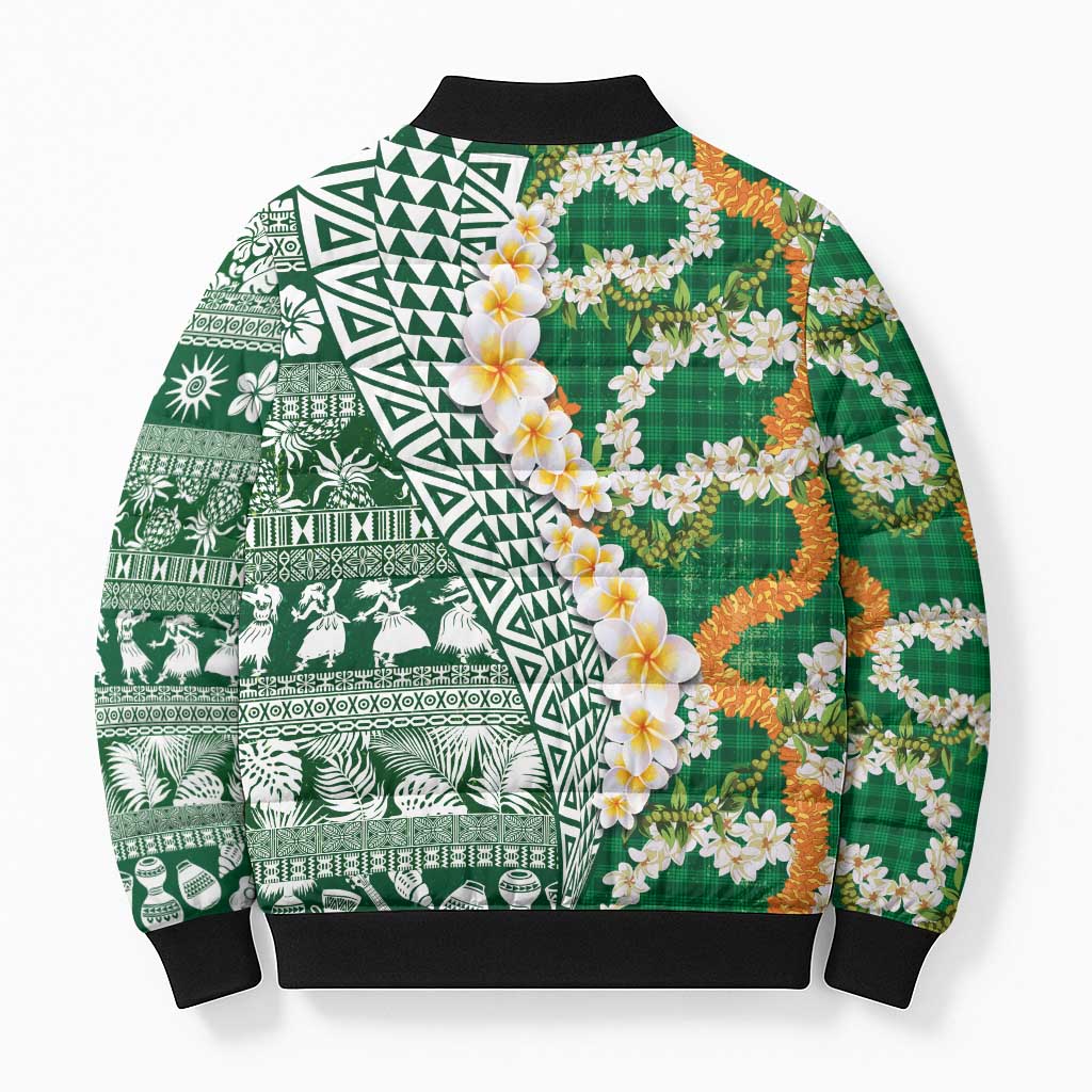 Hawaiian Plumeria Lei Bomber Puffer Jacket Kakau Motifs and Palaka Half Style Green Color - Polynesian Pride