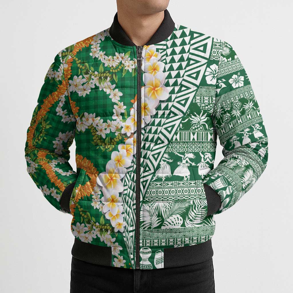Hawaiian Plumeria Lei Bomber Puffer Jacket Kakau Motifs and Palaka Half Style Green Color - Polynesian Pride