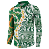 Hawaiian Plumeria Lei Button Sweatshirt Kakau Motifs and Palaka Half Style Green Color - Polynesian Pride
