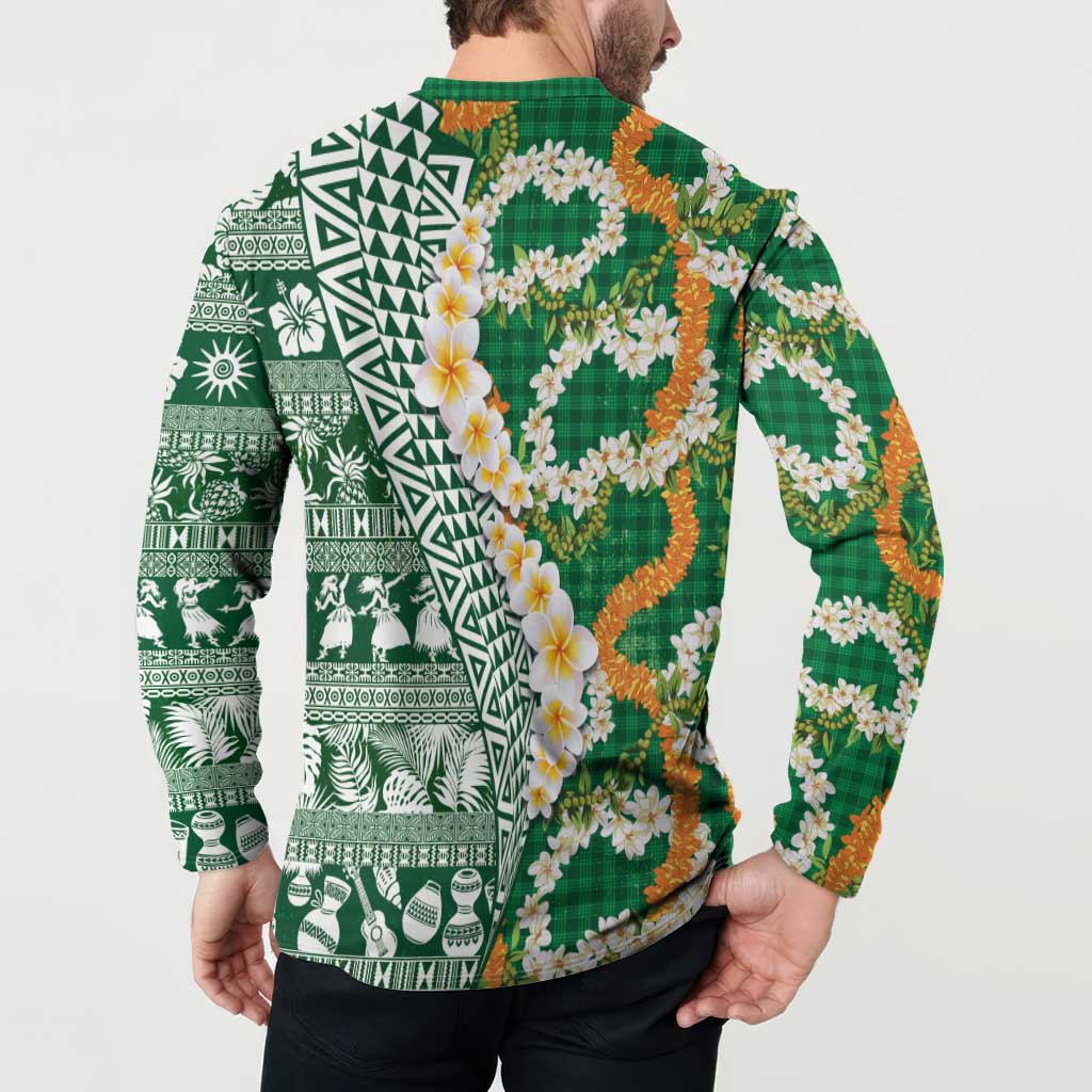 Hawaiian Plumeria Lei Button Sweatshirt Kakau Motifs and Palaka Half Style Green Color - Polynesian Pride