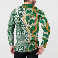 Hawaiian Plumeria Lei Button Sweatshirt Kakau Motifs and Palaka Half Style Green Color - Polynesian Pride