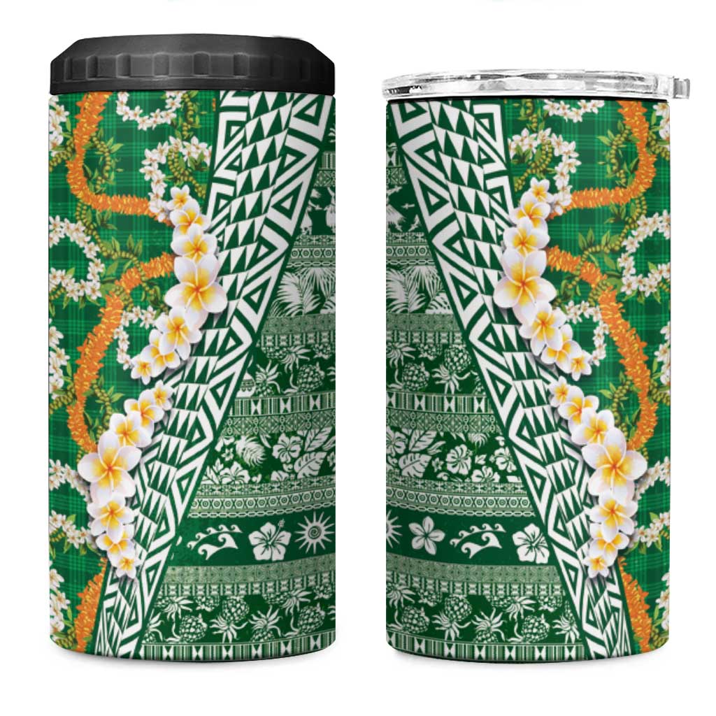 Hawaiian Plumeria Lei 4 in 1 Can Cooler Tumbler Kakau Motifs and Palaka Half Style Green Color - Polynesian Pride