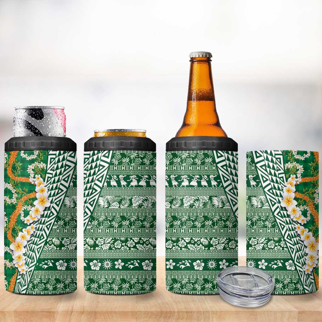 Hawaiian Plumeria Lei 4 in 1 Can Cooler Tumbler Kakau Motifs and Palaka Half Style Green Color - Polynesian Pride
