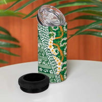 Hawaiian Plumeria Lei 4 in 1 Can Cooler Tumbler Kakau Motifs and Palaka Half Style Green Color - Polynesian Pride