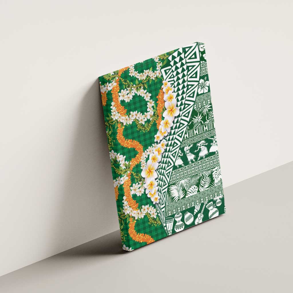 Hawaiian Plumeria Lei Canvas Wall Art Kakau Motifs and Palaka Half Style Green Color - Polynesian Pride