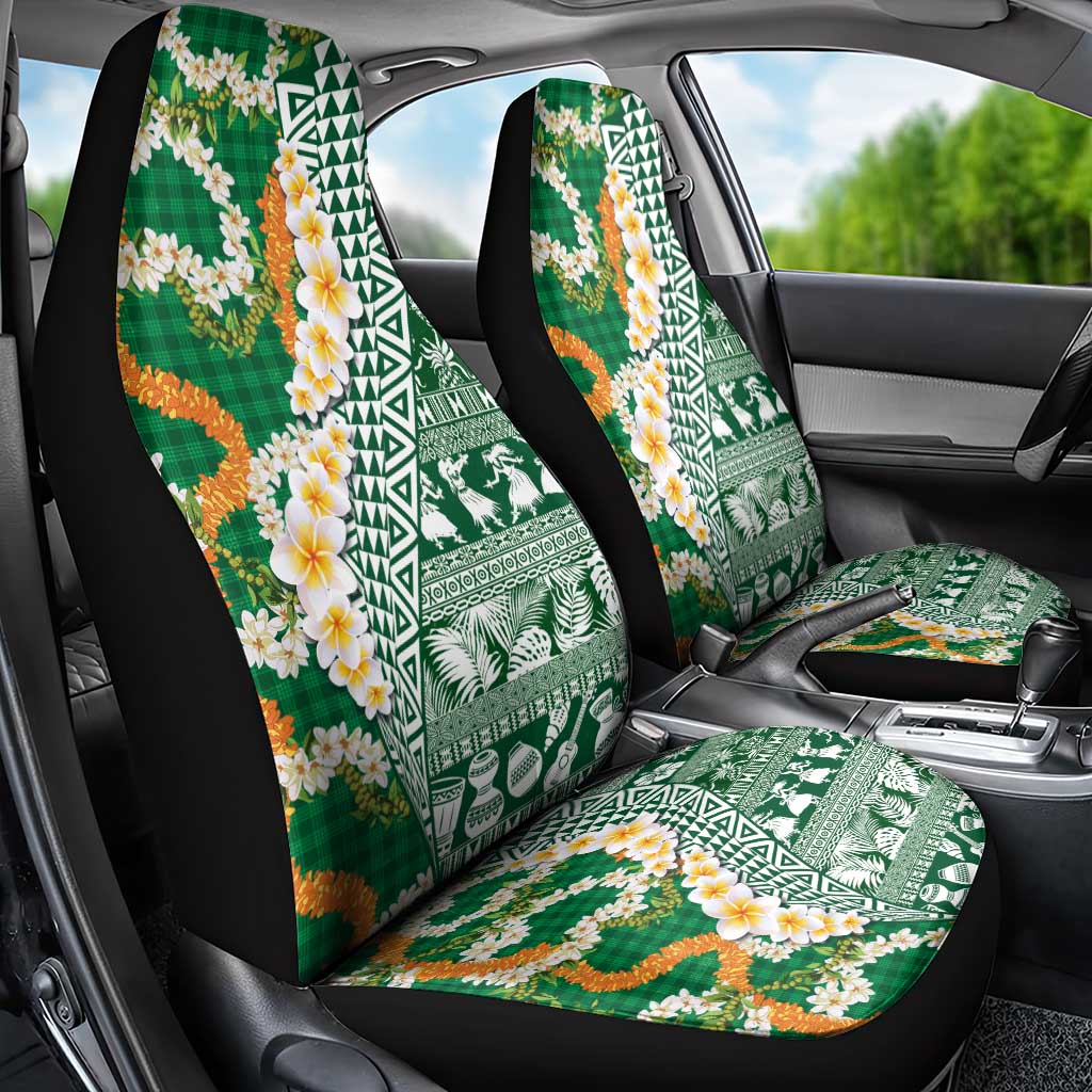Hawaiian Plumeria Lei Car Seat Cover Kakau Motifs and Palaka Half Style Green Color - Polynesian Pride