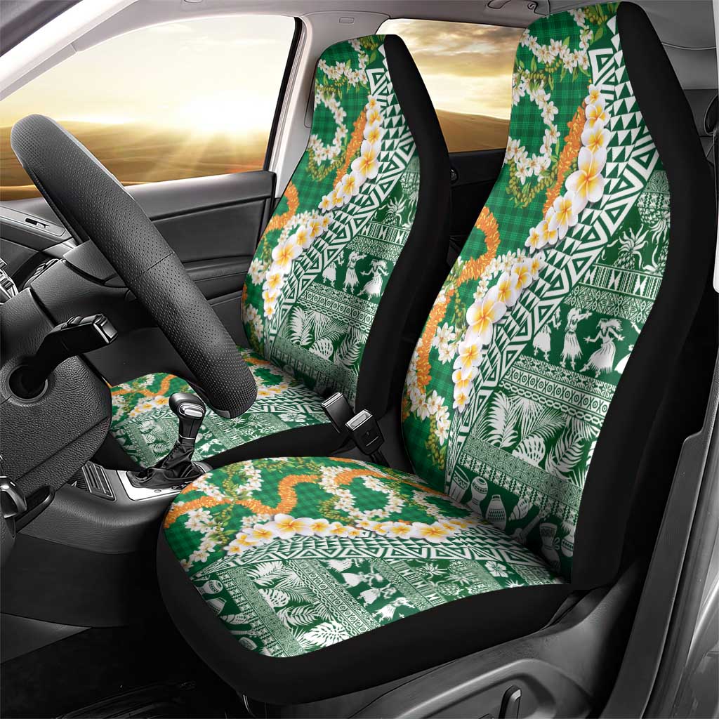 Hawaiian Plumeria Lei Car Seat Cover Kakau Motifs and Palaka Half Style Green Color - Polynesian Pride