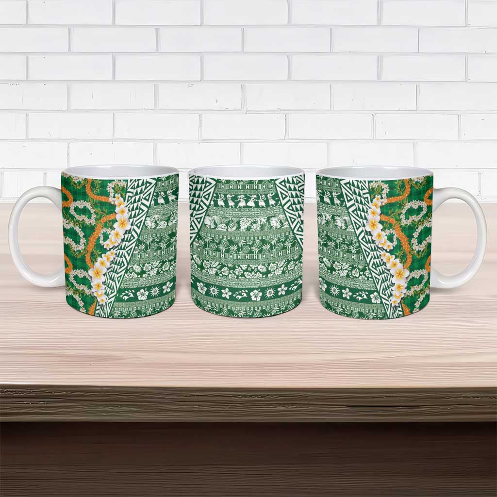 Hawaiian Plumeria Lei Ceramic Mug Kakau Motifs and Palaka Half Style Green Color - Polynesian Pride
