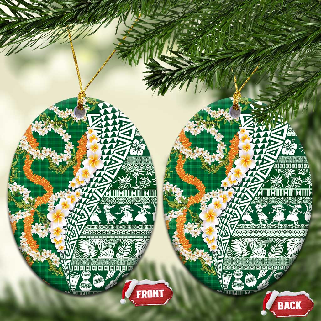 Hawaiian Plumeria Lei Ceramic Ornament Kakau Motifs and Palaka Half Style Green Color - Polynesian Pride
