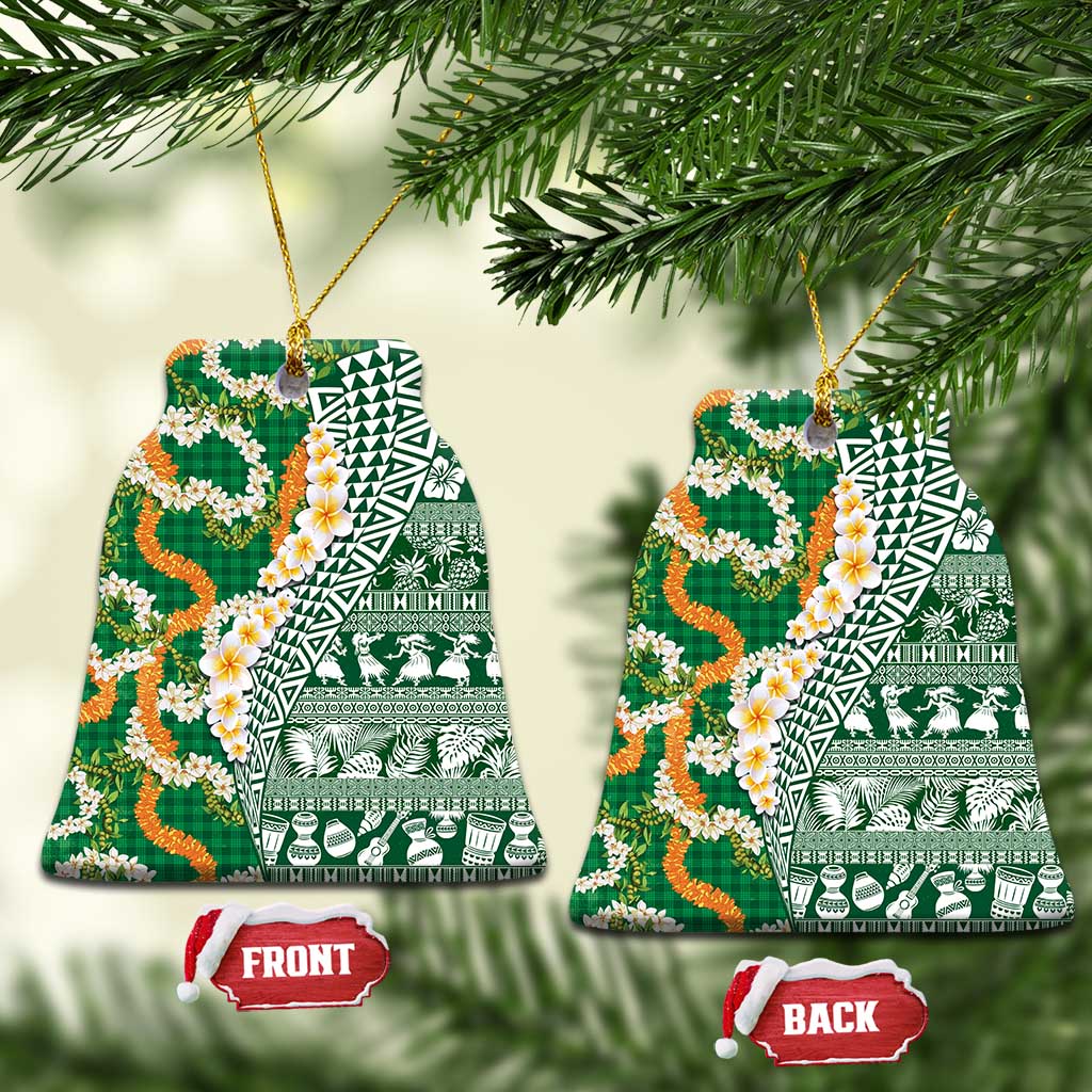 Hawaiian Plumeria Lei Ceramic Ornament Kakau Motifs and Palaka Half Style Green Color - Polynesian Pride