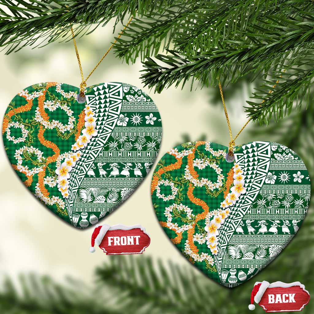 Hawaiian Plumeria Lei Ceramic Ornament Kakau Motifs and Palaka Half Style Green Color - Polynesian Pride