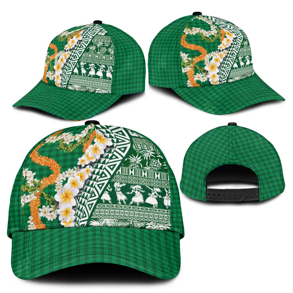 Hawaiian Plumeria Lei Classic Cap Kakau Motifs and Palaka Half Style Green Color - Polynesian Pride