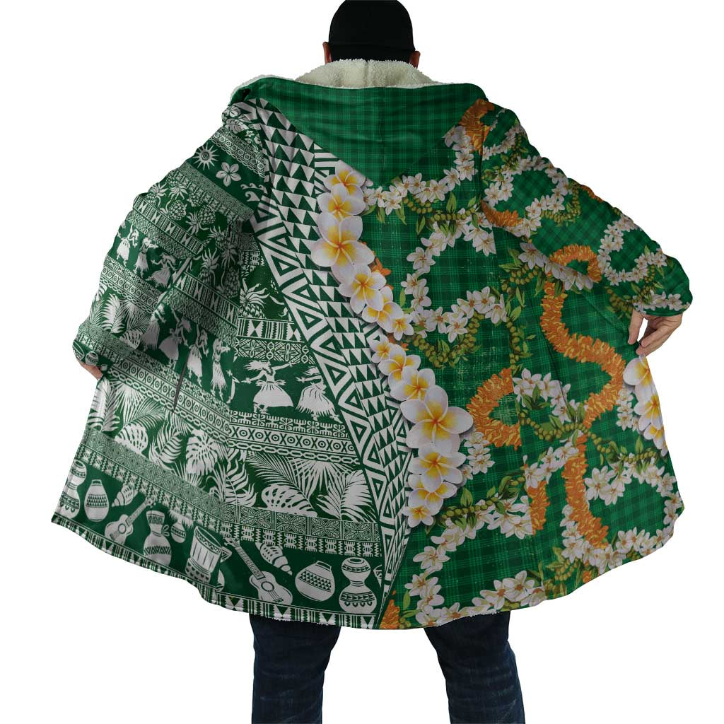 Hawaiian Plumeria Lei Cloak Kakau Motifs and Palaka Half Style Green Color - Polynesian Pride