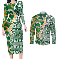 Hawaiian Plumeria Lei Couples Matching Long Sleeve Bodycon Dress and Long Sleeve Button Shirt Kakau Motifs and Palaka Half Style Green Color - Polynesian Pride