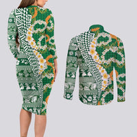 Hawaiian Plumeria Lei Couples Matching Long Sleeve Bodycon Dress and Long Sleeve Button Shirt Kakau Motifs and Palaka Half Style Green Color - Polynesian Pride