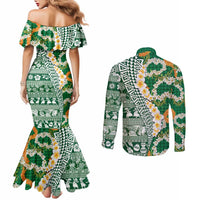 Hawaiian Plumeria Lei Couples Matching Mermaid Dress and Long Sleeve Button Shirt Kakau Motifs and Palaka Half Style Green Color - Polynesian Pride