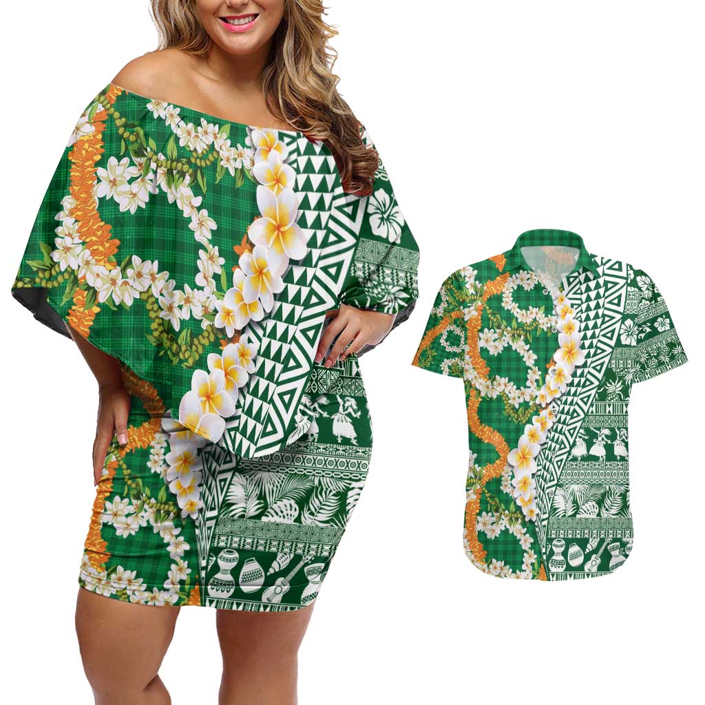 Hawaiian Plumeria Lei Couples Matching Off Shoulder Short Dress and Hawaiian Shirt Kakau Motifs and Palaka Half Style Green Color - Polynesian Pride