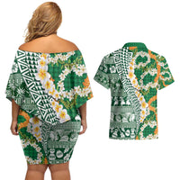 Hawaiian Plumeria Lei Couples Matching Off Shoulder Short Dress and Hawaiian Shirt Kakau Motifs and Palaka Half Style Green Color - Polynesian Pride