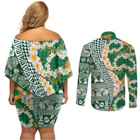 Hawaiian Plumeria Lei Couples Matching Off Shoulder Short Dress and Long Sleeve Button Shirt Kakau Motifs and Palaka Half Style Green Color - Polynesian Pride