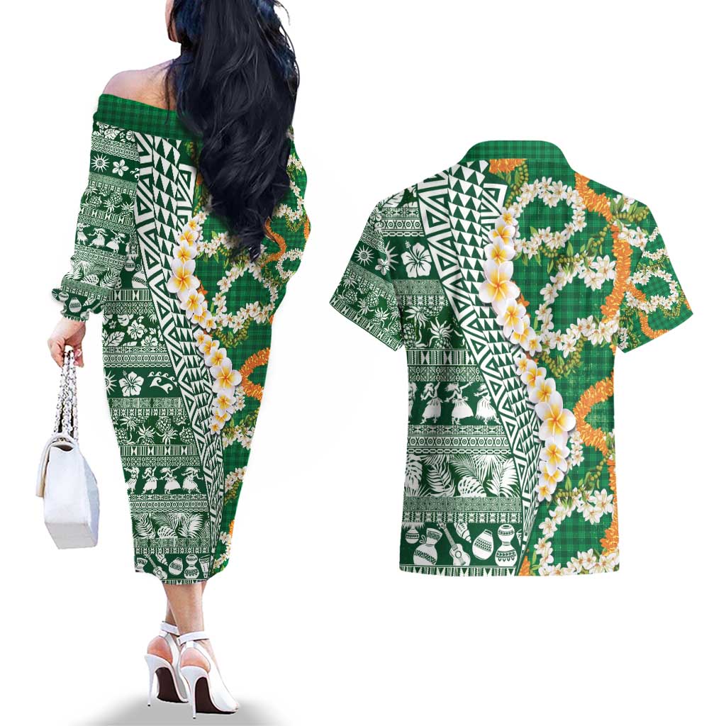 Hawaiian Plumeria Lei Couples Matching Off The Shoulder Long Sleeve Dress and Hawaiian Shirt Kakau Motifs and Palaka Half Style Green Color - Polynesian Pride