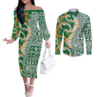 Hawaiian Plumeria Lei Couples Matching Off The Shoulder Long Sleeve Dress and Long Sleeve Button Shirt Kakau Motifs and Palaka Half Style Green Color - Polynesian Pride