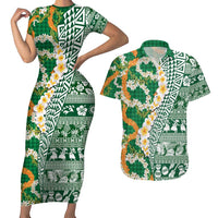 Hawaiian Plumeria Lei Couples Matching Short Sleeve Bodycon Dress and Hawaiian Shirt Kakau Motifs and Palaka Half Style Green Color - Polynesian Pride