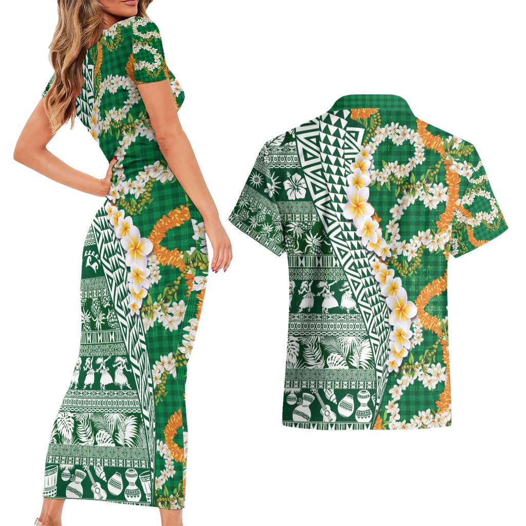 Hawaiian Plumeria Lei Couples Matching Short Sleeve Bodycon Dress and Hawaiian Shirt Kakau Motifs and Palaka Half Style Green Color - Polynesian Pride