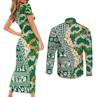 Hawaiian Plumeria Lei Couples Matching Short Sleeve Bodycon Dress and Long Sleeve Button Shirt Kakau Motifs and Palaka Half Style Green Color - Polynesian Pride