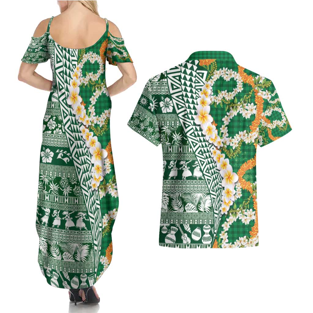 Hawaiian Plumeria Lei Couples Matching Summer Maxi Dress and Hawaiian Shirt Kakau Motifs and Palaka Half Style Green Color - Polynesian Pride