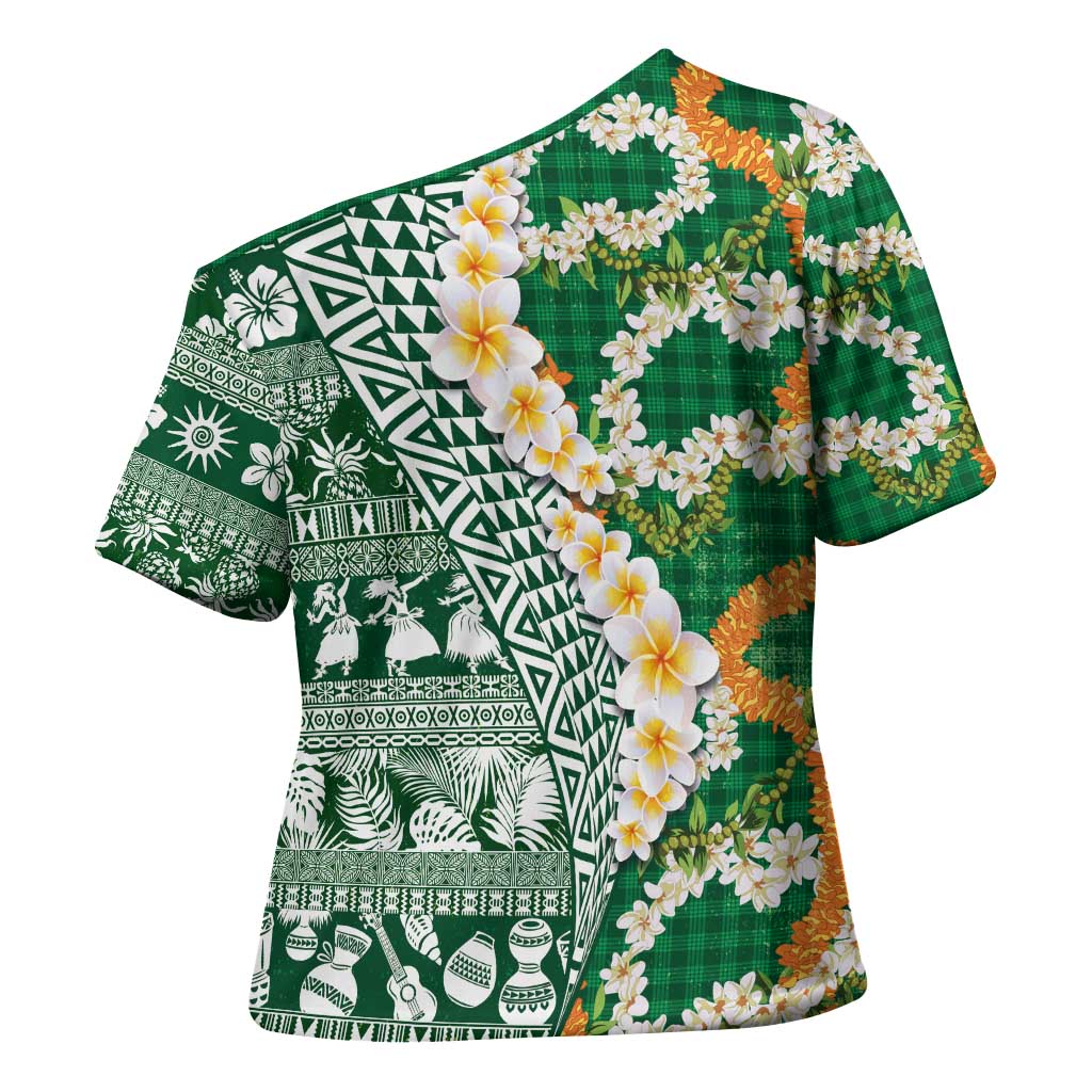 Hawaiian Plumeria Lei Cross Shoulder Shirt Kakau Motifs and Palaka Half Style Green Color - Polynesian Pride