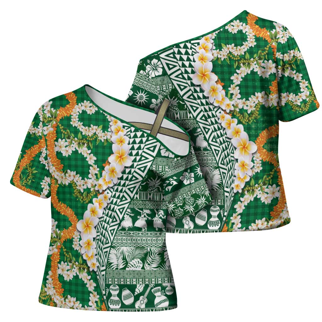 Hawaiian Plumeria Lei Cross Shoulder Shirt Kakau Motifs and Palaka Half Style Green Color - Polynesian Pride
