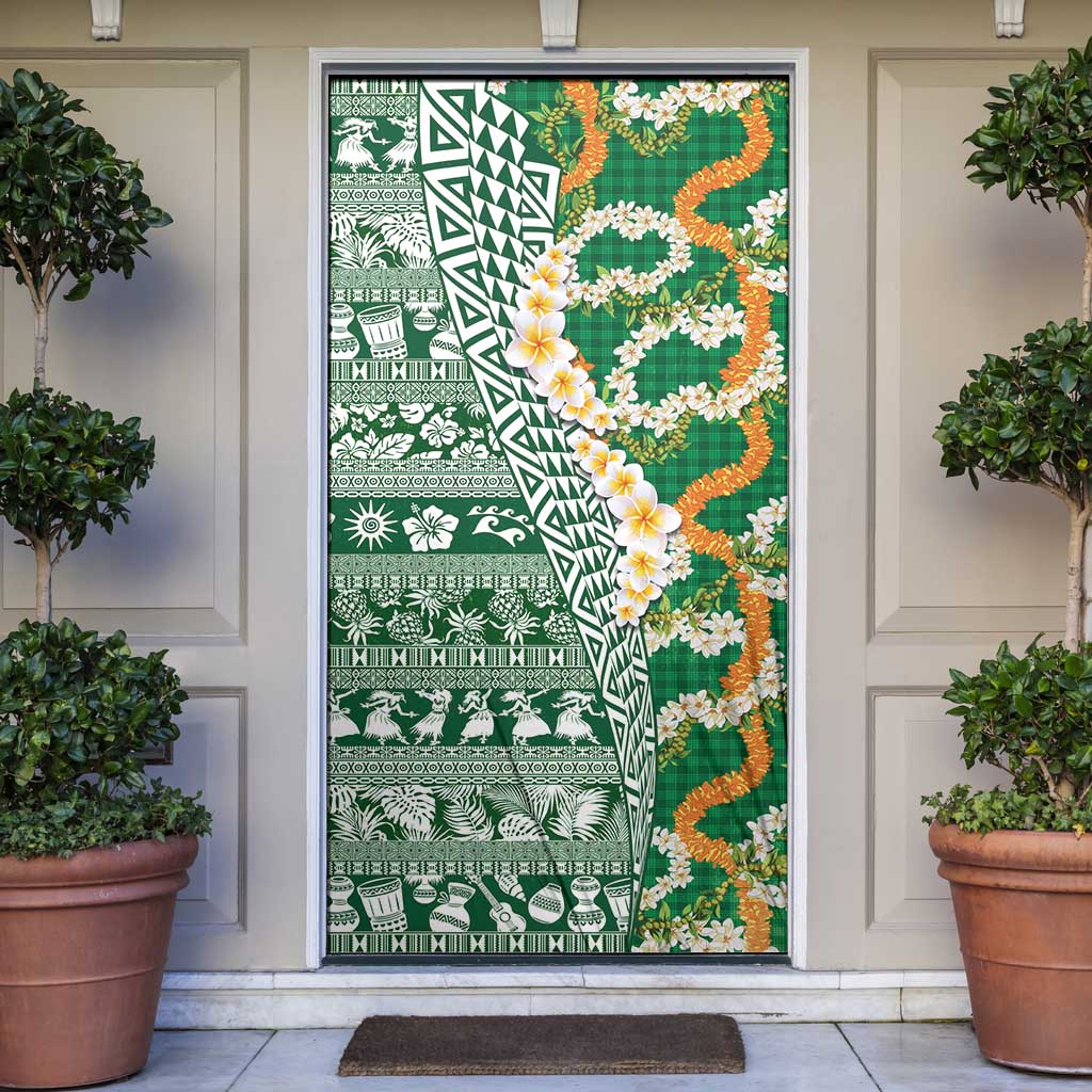 Hawaiian Plumeria Lei Door Cover Kakau Motifs and Palaka Half Style Green Color - Polynesian Pride