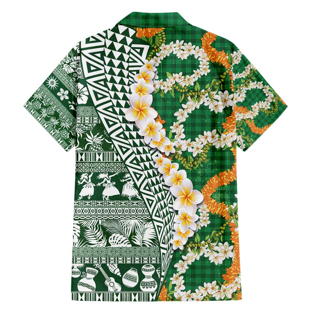 Hawaiian Plumeria Lei Family Matching Long Sleeve Bodycon Dress and Hawaiian Shirt Kakau Motifs and Palaka Half Style Green Color - Polynesian Pride
