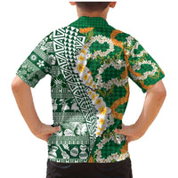 Hawaiian Plumeria Lei Family Matching Mermaid Dress and Hawaiian Shirt Kakau Motifs and Palaka Half Style Green Color - Polynesian Pride