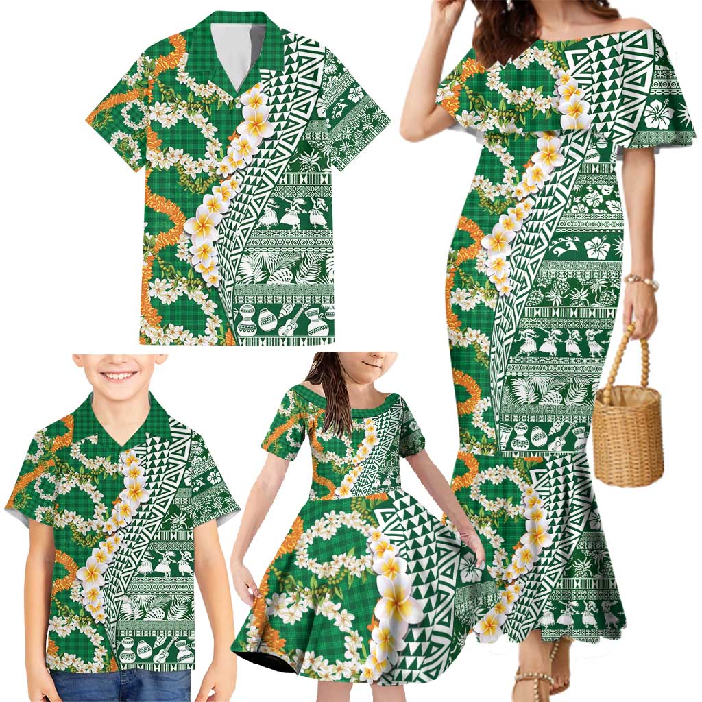 Hawaiian Plumeria Lei Family Matching Mermaid Dress and Hawaiian Shirt Kakau Motifs and Palaka Half Style Green Color - Polynesian Pride